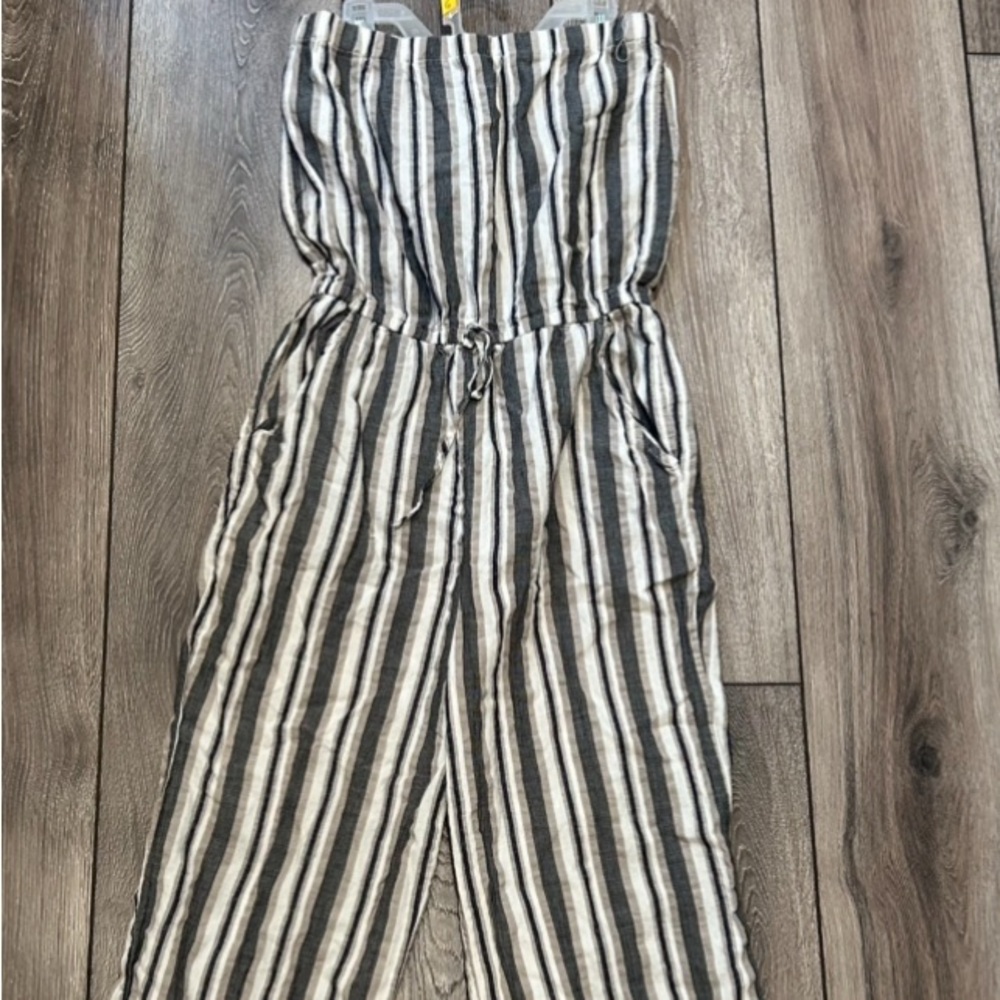 Striped Strapless Black, Tan and White Jumpsuit Small